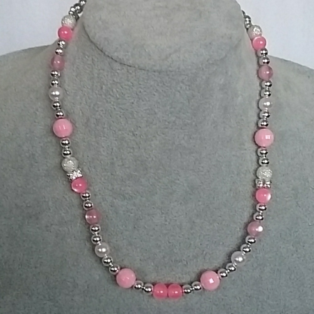 Pink, white, and silver beaded necklace